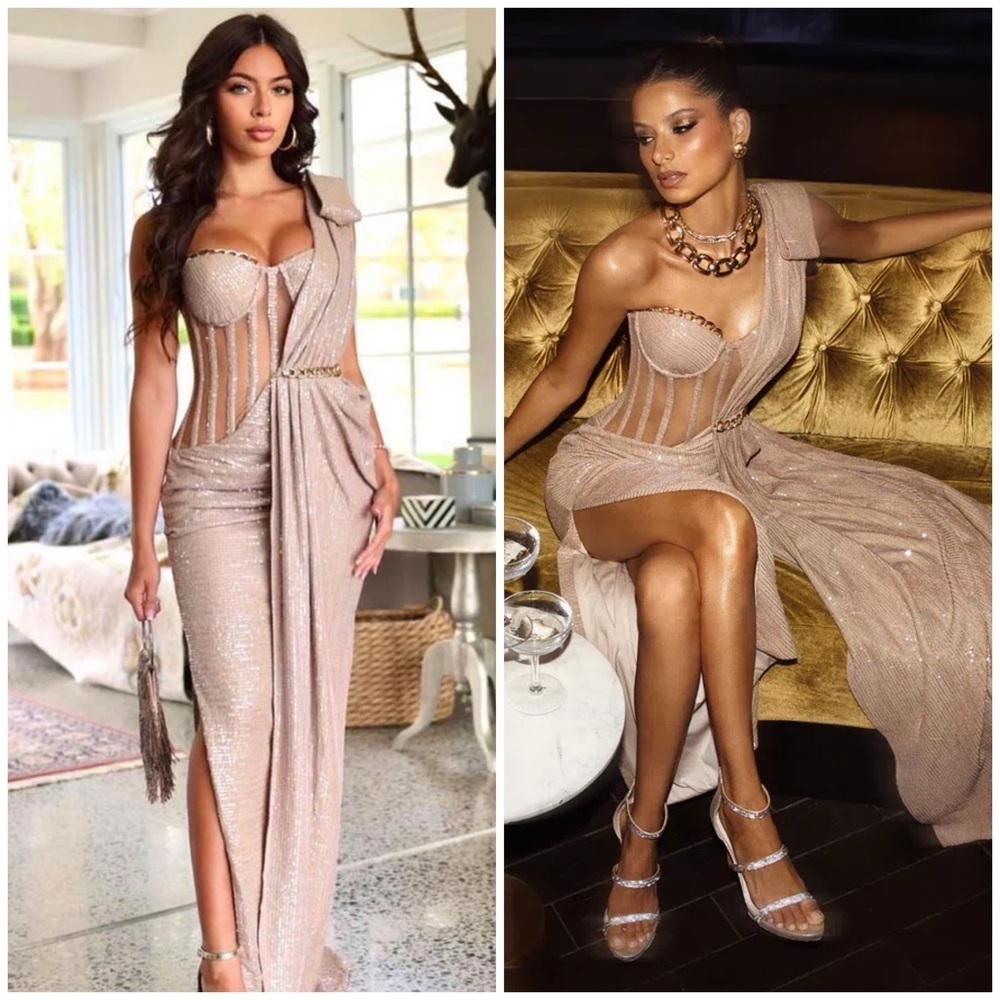 Nude One-Shoulder Maxi Dress with Corset Bodice